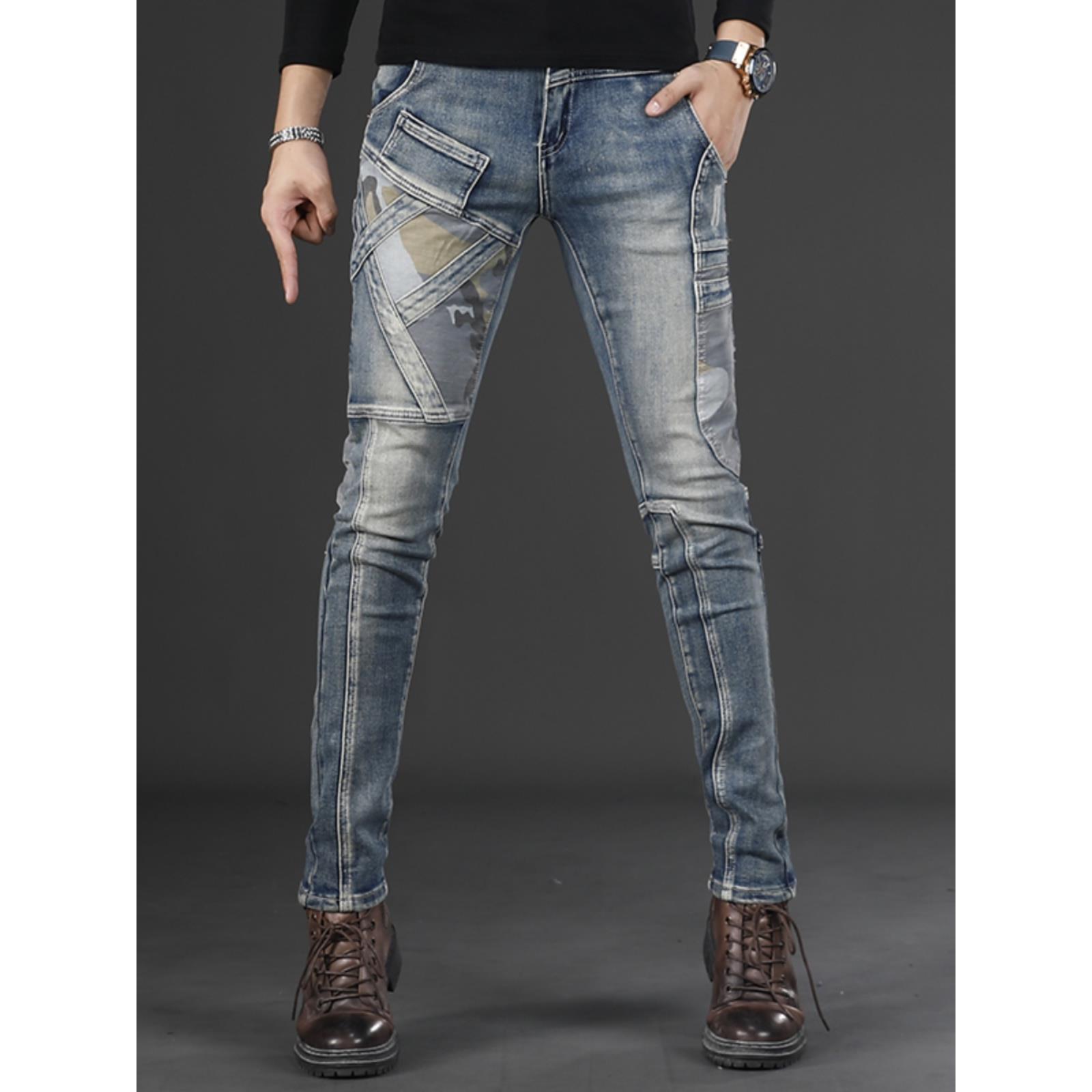 复古怀旧浅蓝不规则拼接机车牛仔裤男修身小脚弹力时尚休闲长裤子