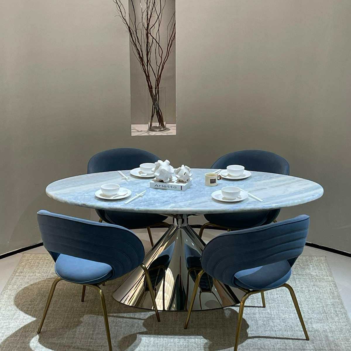 进口蓝水晶奢石餐桌异形现代轻奢家用设计师飞碟天然大理石饭桌子