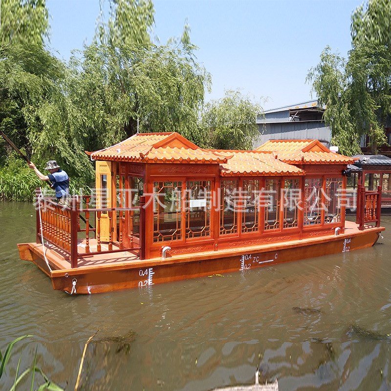 定制14人画舫船仿古木质旅游观光船休闲电动水上餐饮宾馆船