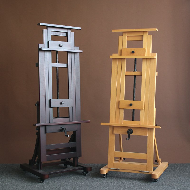 榉木制平立两用落地实木加厚款可调节单摇杆手摇国画大油画架