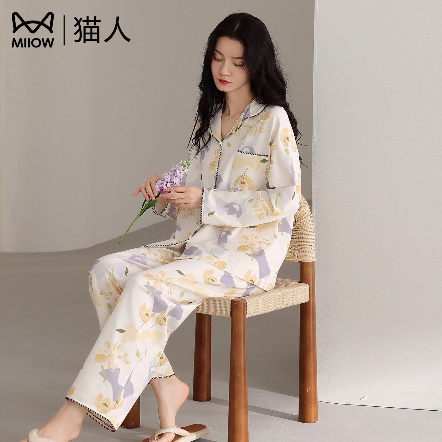 猫人纯棉睡衣女款翻领长袖两件套