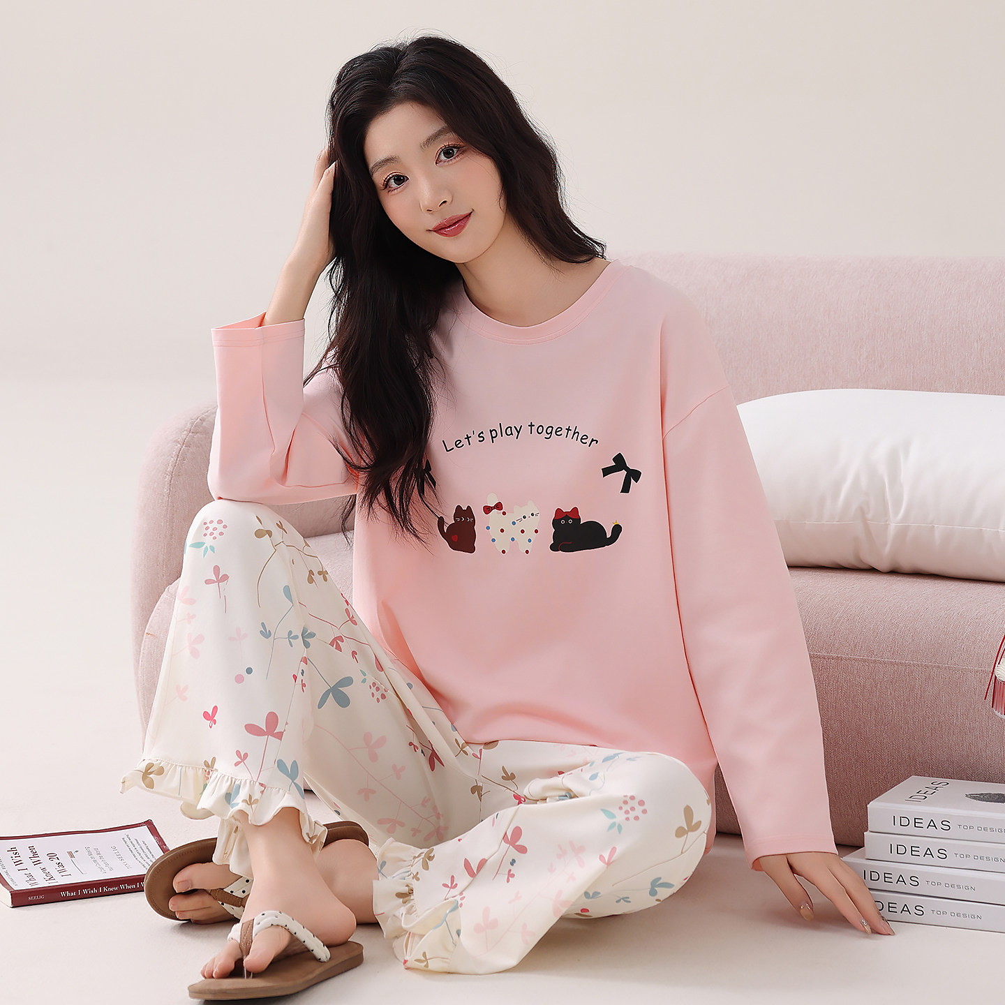 猫人纯棉睡衣女士长袖长裤可外穿