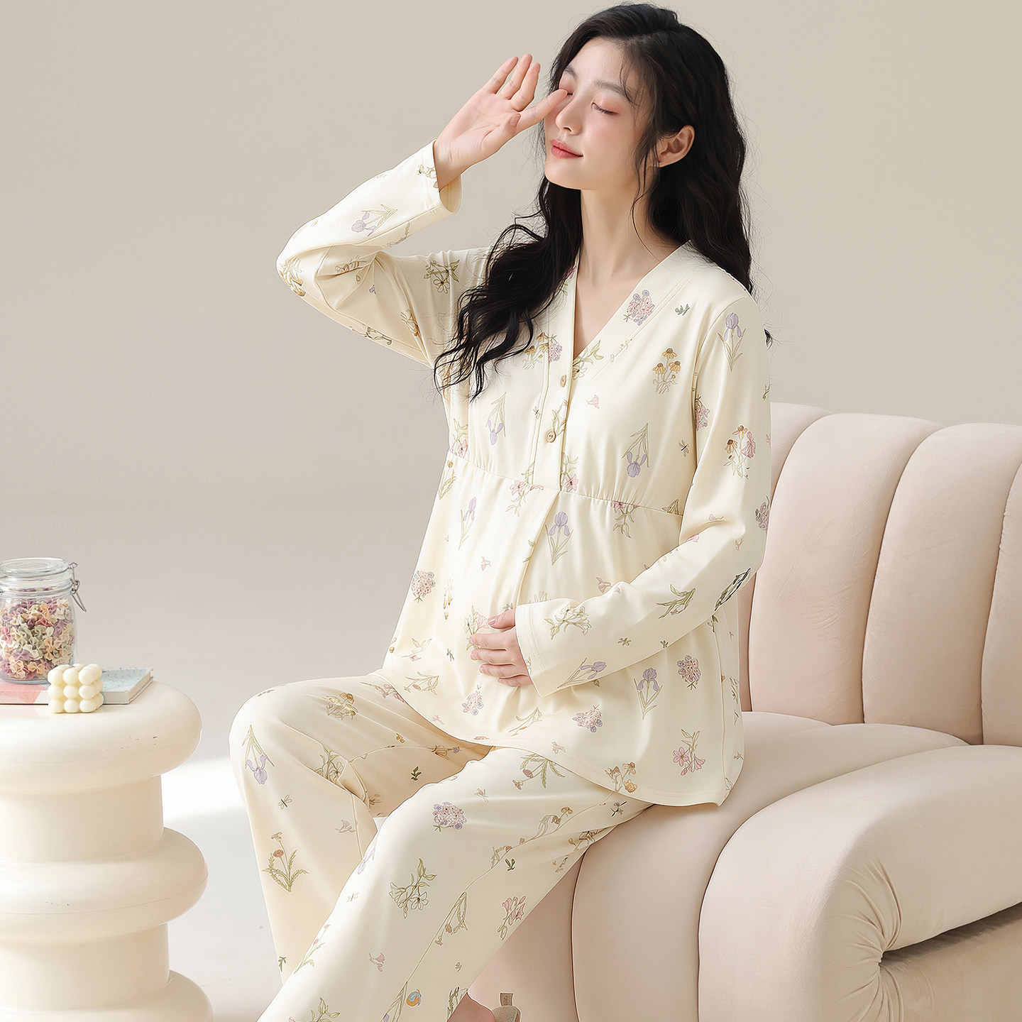 猫人纯棉月子服长袖套装宽松透气