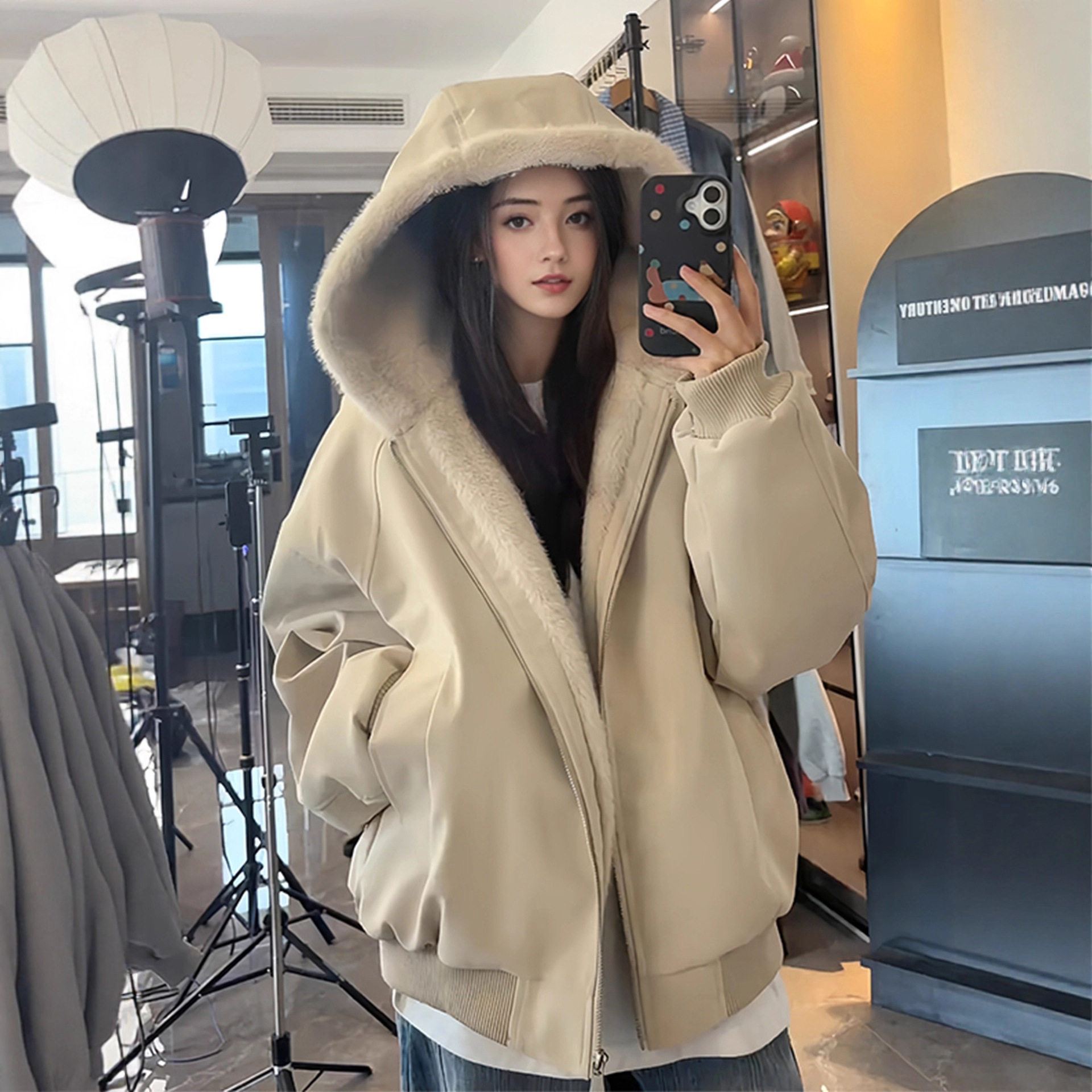 美式连帽座山雕皮衣外套棉服男女款冬季加绒加厚保暖毛领棉衣夹克