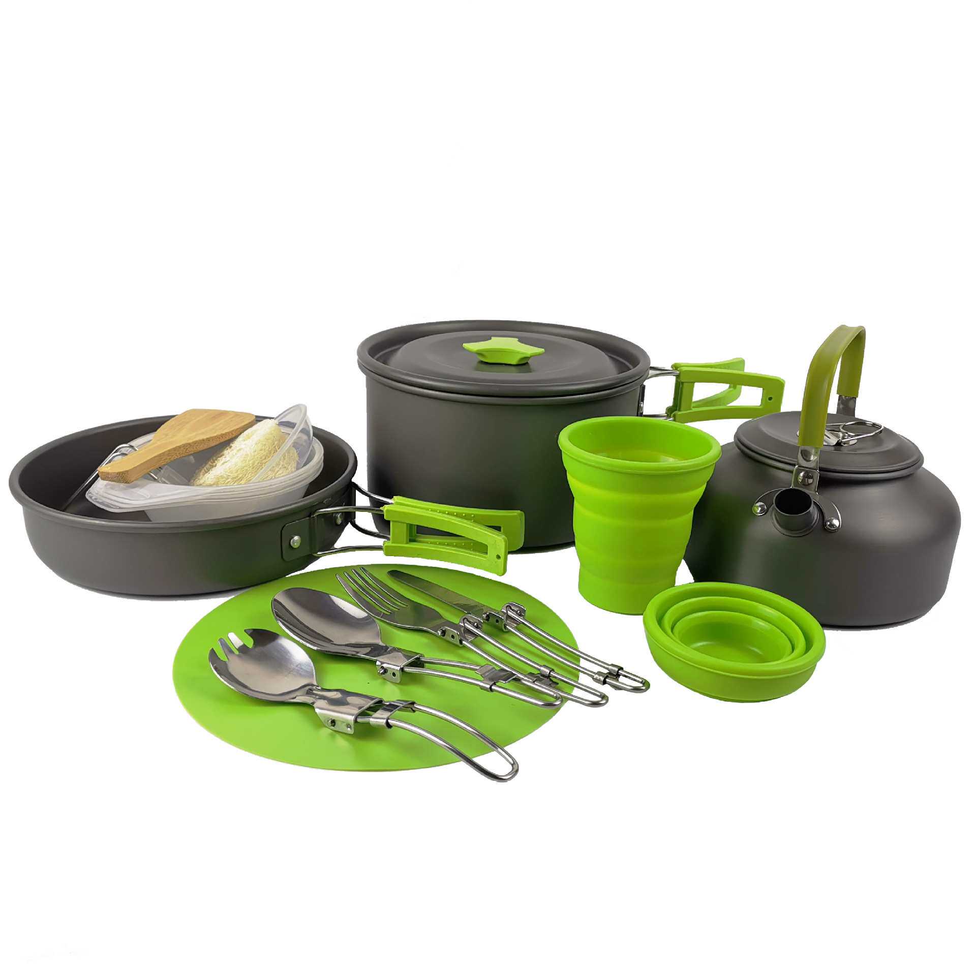 亚马逊户外用品套锅野营茶壶组合2-3人户外炊具套装便携锅具