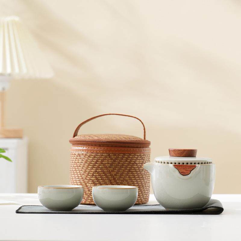 简易功夫泡茶壶茶杯户外露营快客杯米黄汝窑便携式旅行茶具小套装