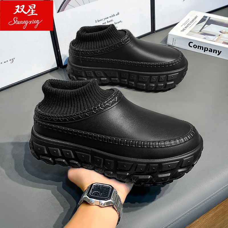 双星包跟棉拖鞋男冬季防水防滑耐磨加绒加厚保暖懒人一脚蹬厨师鞋