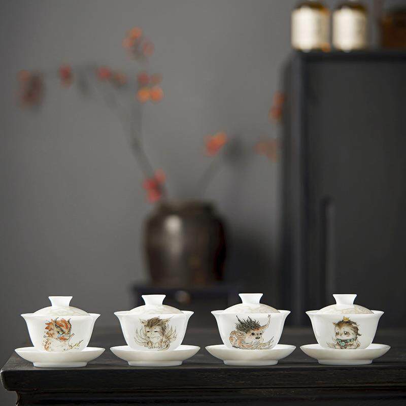 冰种高端手绘山海经盖碗单个陶瓷三才盖碗茶杯茶盏茶碗三才不烫手