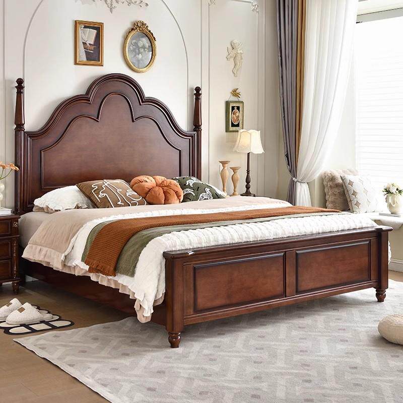 美式乡村风格高床头罗马柱子网红安娜主卧室双人结婚储物全实木床