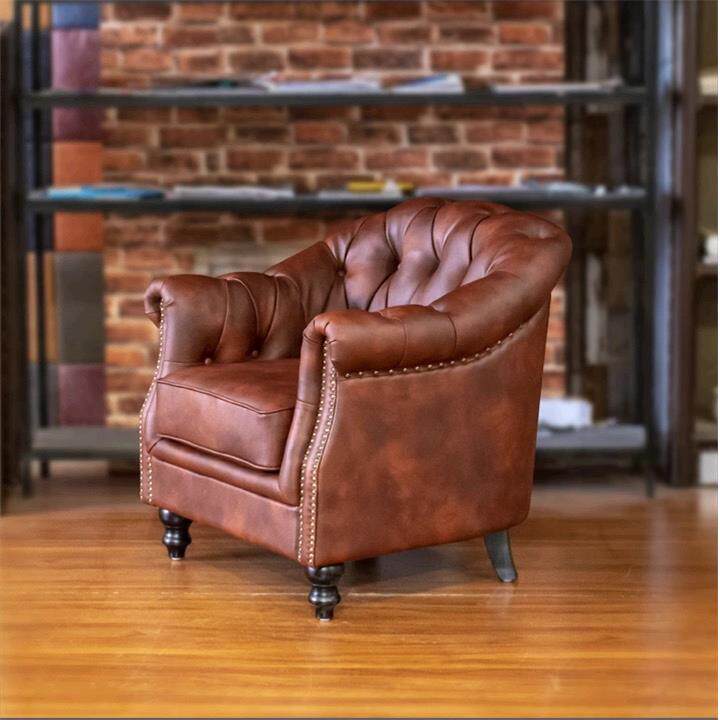 美式复古休闲酒店单人沙发椅复古拉扣单人皮艺老虎椅阳台休闲椅