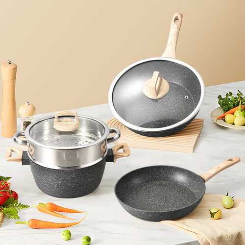麦饭石组合家用锅组12pcs蒸煮炖煎套锅通用电磁炉不粘锅锅具套装