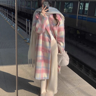 粉色格子毛呢外套女2026秋冬新款高级感赫本小香风小个子呢子大衣