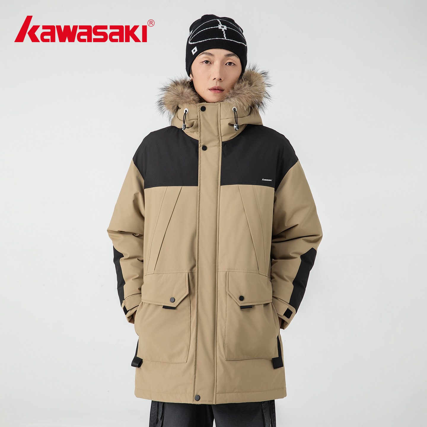 川崎正品滑雪服拼接防风羽绒服