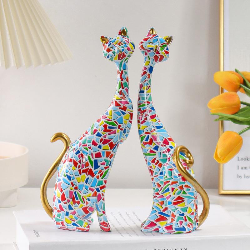 油画猫咪摆件桌面树脂抽象工艺品卧室酒柜创意欧式炫彩玄关装饰品