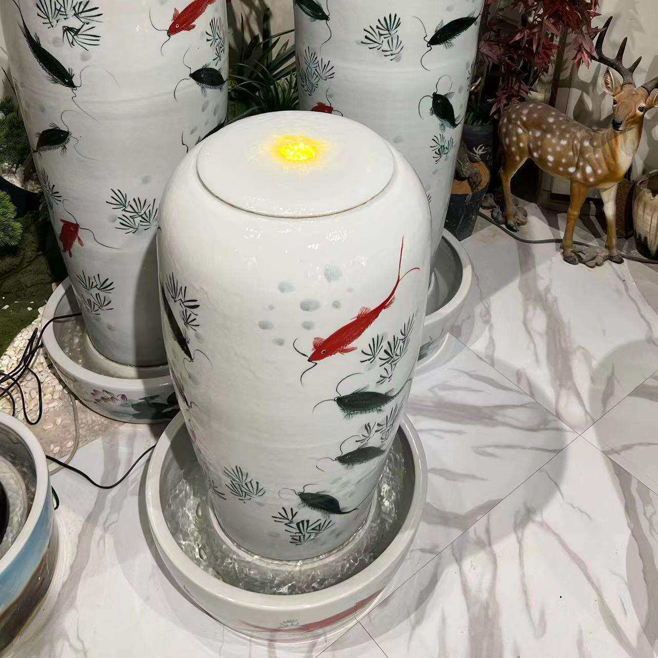 新中式陶瓷流水罐别墅庭院手绘鱼落地风水摆件酒店餐厅软装饰陶罐