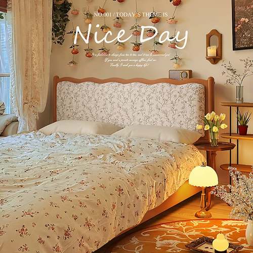 法式实木床樱桃色北欧复古1米8双人床中古风现代简约卧室软包婚床