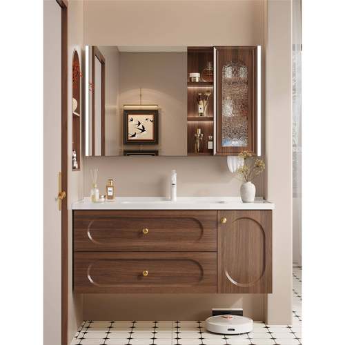 中古风胡桃色实木浴室柜组合实木洗脸盆卫生间洗手面盆陶瓷一体盆