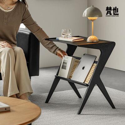 梵也家具黑色白蜡木边几小茶几客厅沙发床头置物架藤编书报杂志架