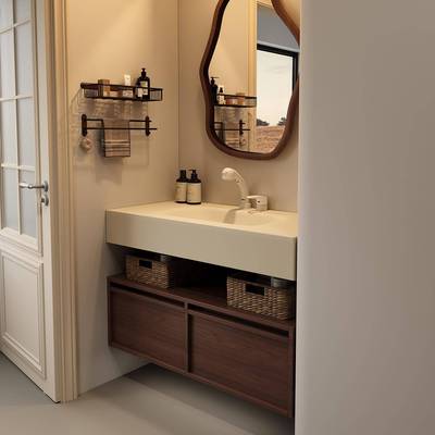 中古风岩板热弯一体盆浴室柜组合卫生间洗手洗漱台上橙可丽耐定制