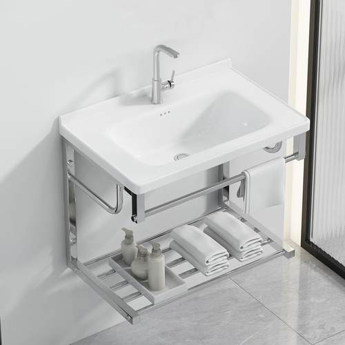 阳台挂墙式洗手盆卫生间一体陶瓷洗脸盆不锈钢支架洗漱池防水加深