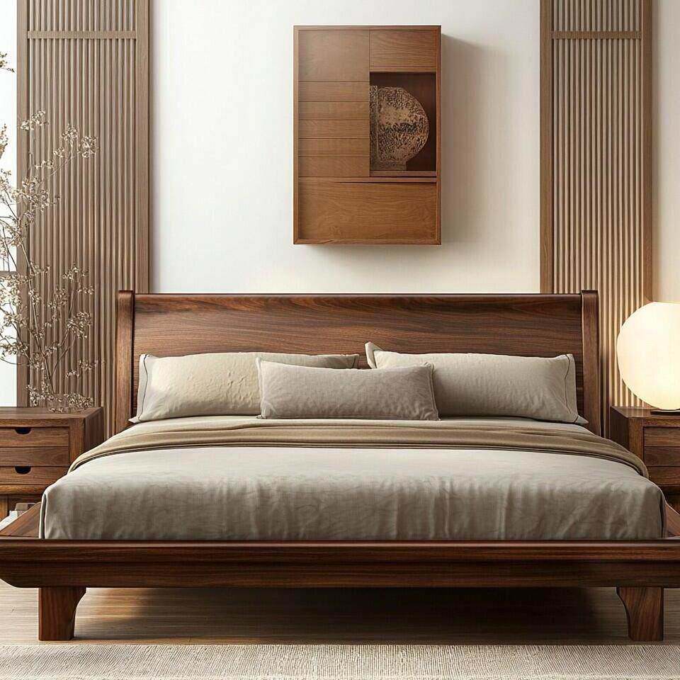 新中式全实木床主卧大床简约现代双人床大坪数黑胡桃木高端大气