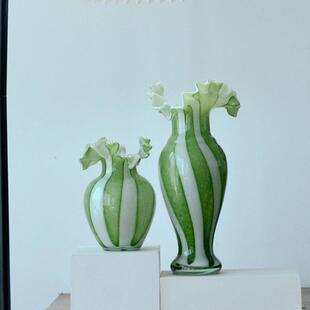 手工制作琉璃花瓶中古风苔绿奶油白六条纹芬顿美人瓶插花玻璃花器