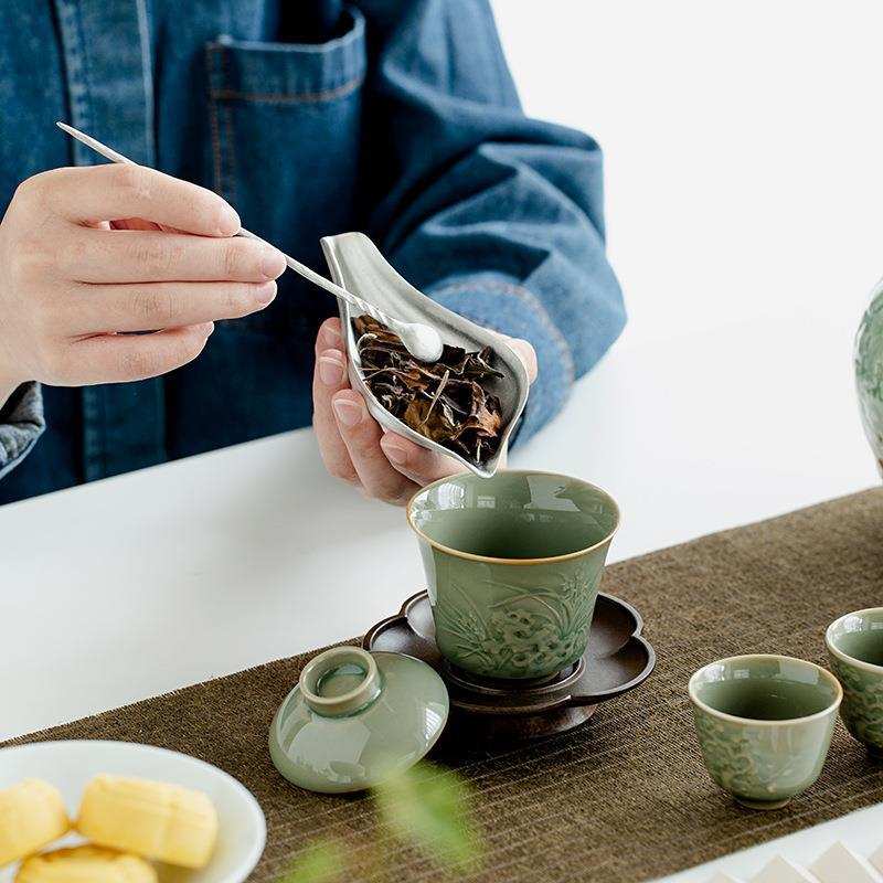 古锡莲瓣茶则醒茶器创意茶铲勺取茶分茶器茶具配件2件套