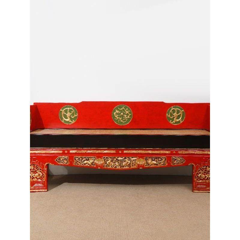 新中式实木榆木罗汉床坐垫客厅沙发小户型复古手绘雕刻描金贵妃床