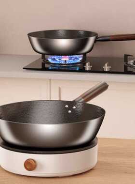 炒锅手工锻打铁锅平底煎炒不粘无涂层家用炒菜锅炉具通用 28cm