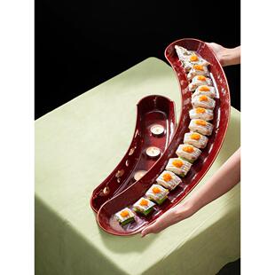 中式陶瓷复古铁锈红色釉带鱼长条盘子弧形鳗鱼东星斑鱼盘加热保温