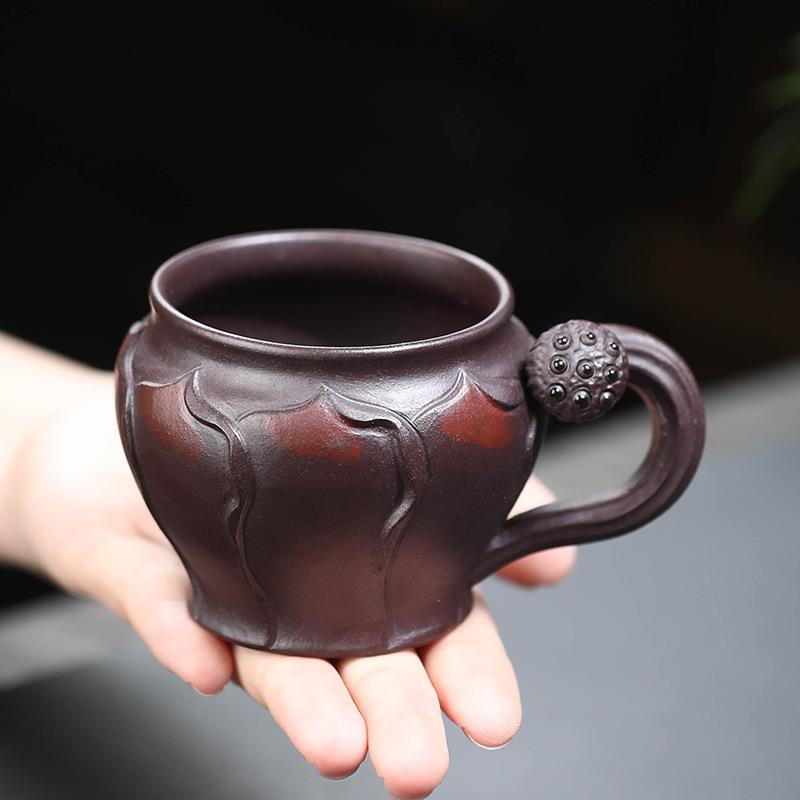宜兴紫砂荷叶杯子手工带把品茗杯莲蓬莲子主人小口杯办公室茶碗