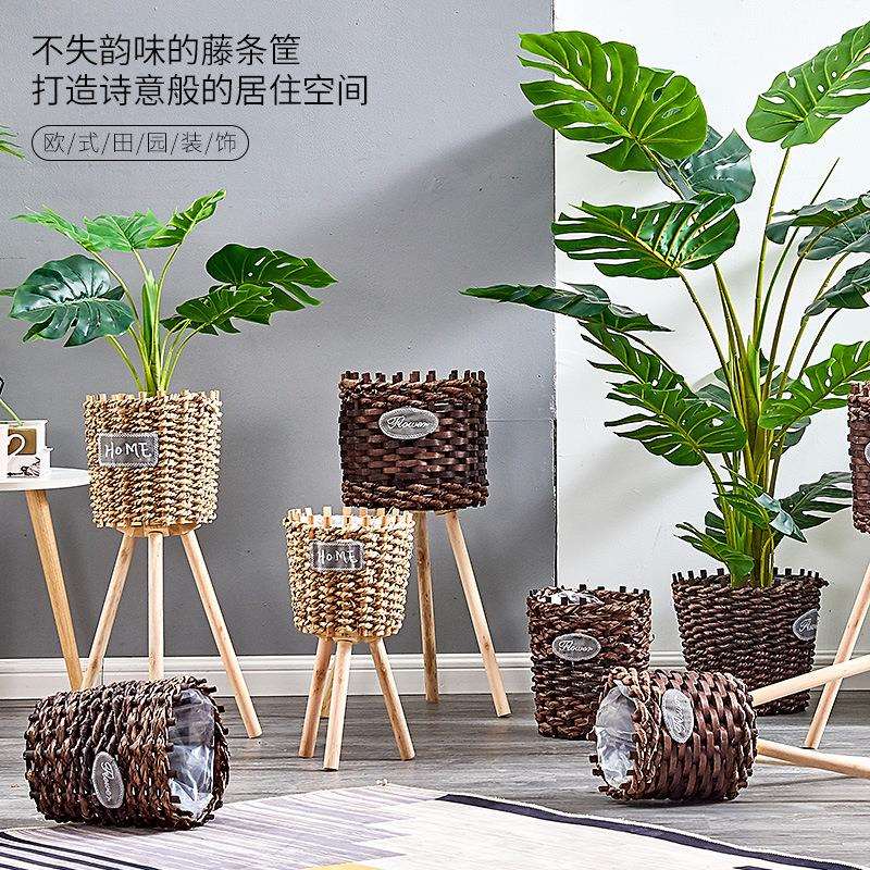 北欧田园编织盆花篮摆件家居客厅地面竹篮花装饰大藤编筐花器中等