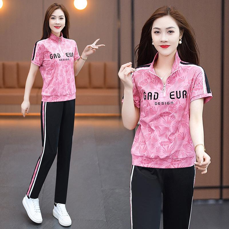 夏季运动服套装女款时尚洋气V领短袖冰丝大码薄款宽松两件套高档