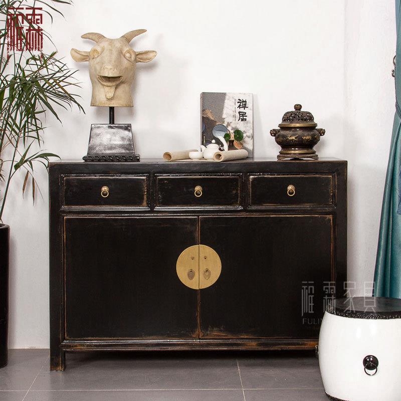 新中式复古黑漆餐边柜明清简约古典家具仿古实木玄关柜门厅储物柜