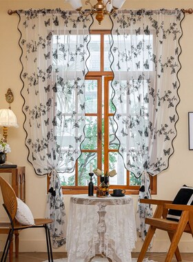 免打孔法式复古黑色刺绣蝴蝶纱帘窗纱小窗户客厅餐厅