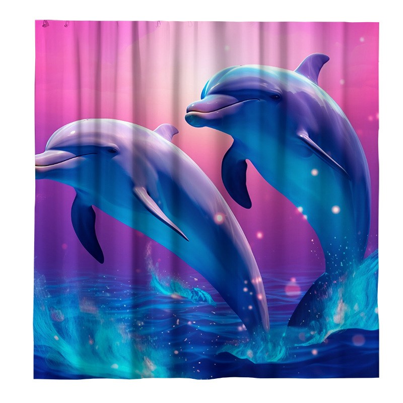 干湿两用海豚大海浴帐免打孔隔断帘卫生间涤纶防水浴帘