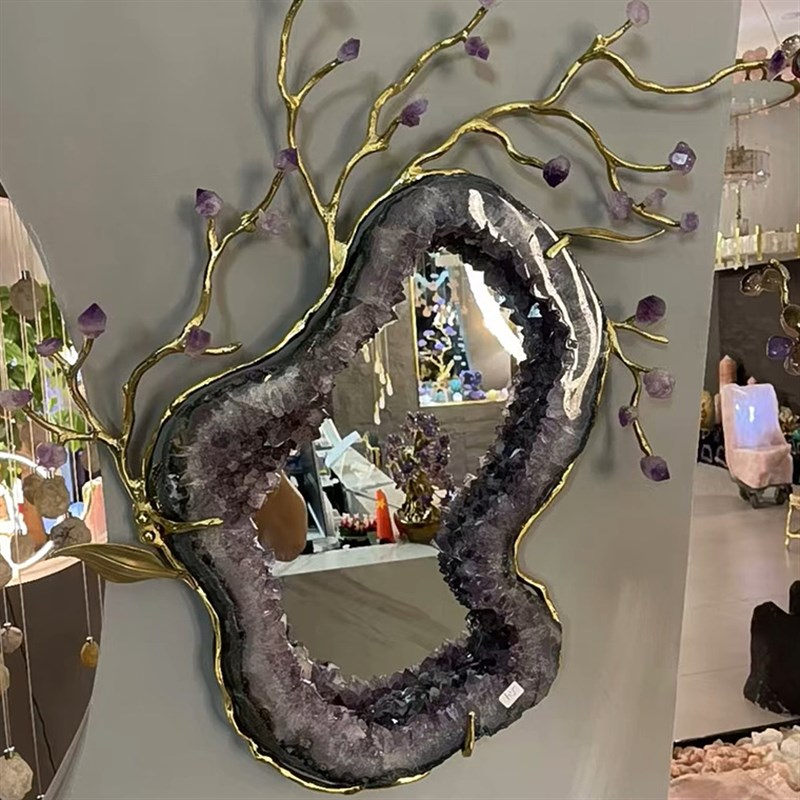 天然紫晶洞镜子创意中式玄关客厅新房子装饰品高端工艺品水晶镜子