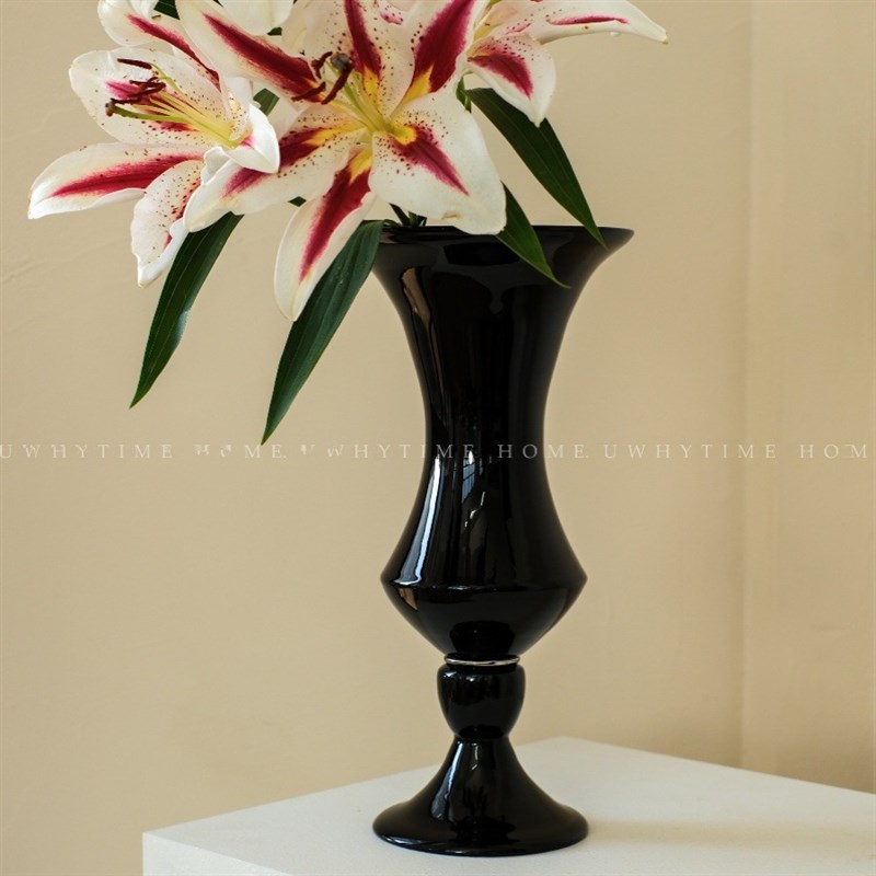 法式中古手工玻璃黑色高级花瓶高级感复古软装花器客厅卧室摆件