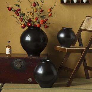 黑色圆形陶瓷花瓶现代简约客厅插花摆件样板间民宿玄关装饰品
