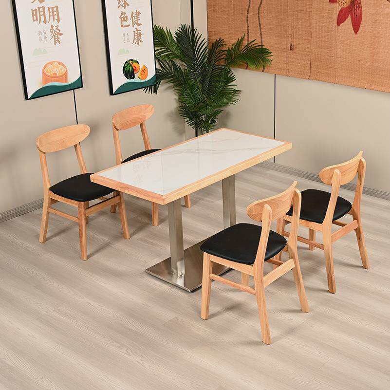 实木包边岩板餐桌简约风沙发饭店商用小吃快餐店职工食堂桌椅组合