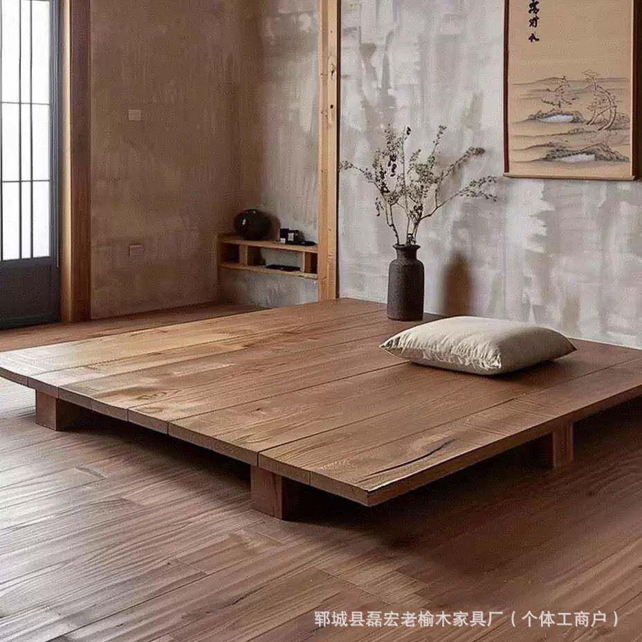 榻榻米实木地铺床复古日式民宿原木地台床卧室休闲阳台落地实木床