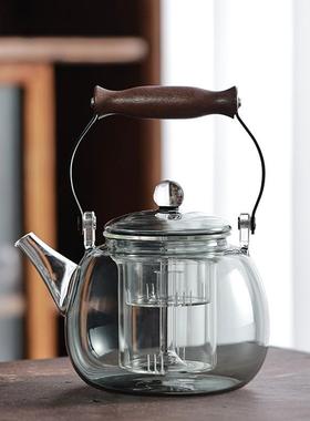 高硼硅玻璃提梁壶烟灰色围炉蒸煮一体胡桃木茶壶带木把泡茶壶