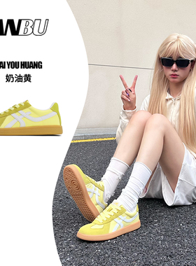 安步ANBU复古休闲德训鞋女2025秋季新款多巴胺黄色校园百搭休闲鞋