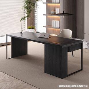 意式极简实木书桌设计师款创意原木办公桌工作台带抽屉黑色老板桌