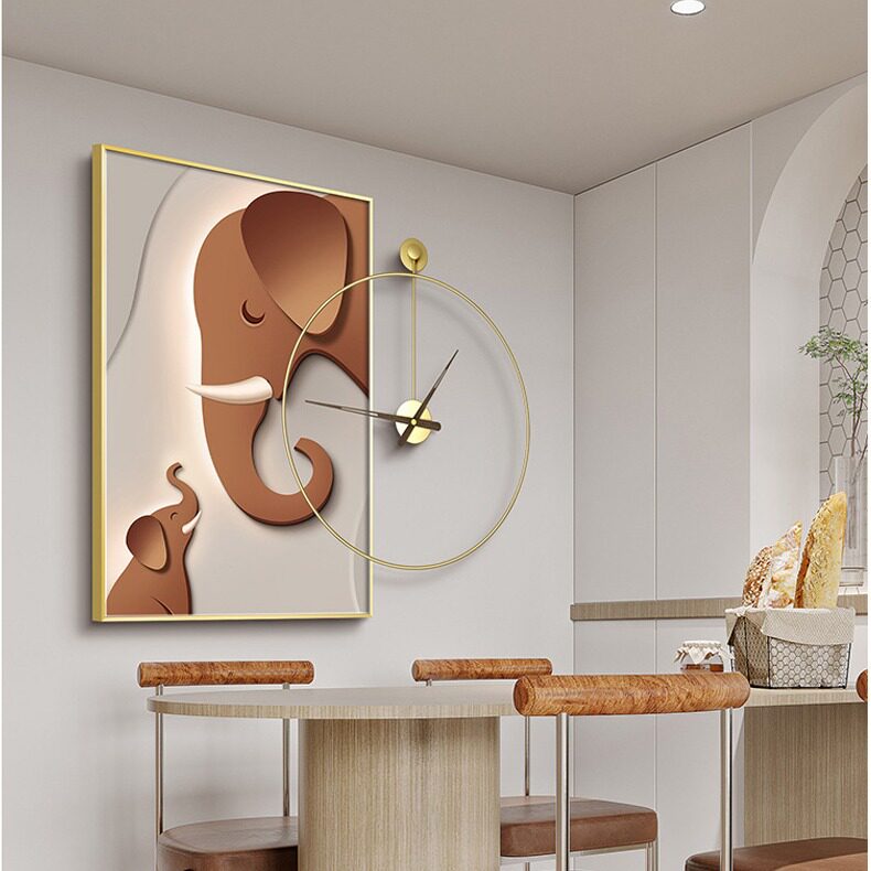 轻奢大象餐厅装饰画现代简约客厅饭厅壁画高级感创意时钟组合挂画