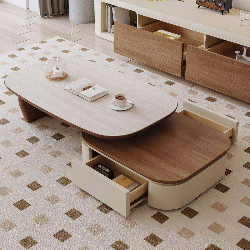 中古风胡桃木圆形茶几小圆桌电视柜组合茶几家用客厅小户型人造板