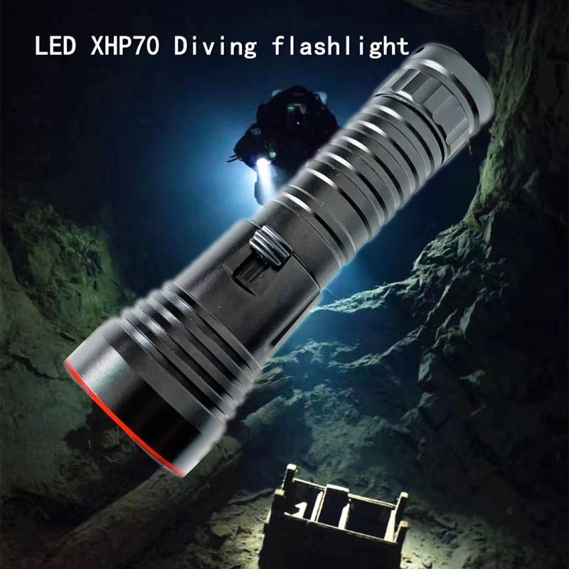 新款LED潜水手电筒p70.2白光磁控开关铝合金充电26650潜水灯黄光