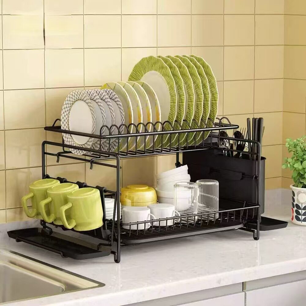 厂家批发黑色金属多功能双层置物架餐具碗碟沥水架大容量铁艺收纳