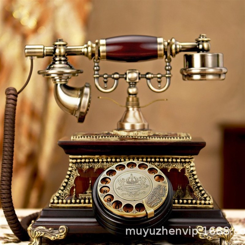 仿古电话机欧式复古实木旋转老式客厅家用无线插卡电话座机摆件