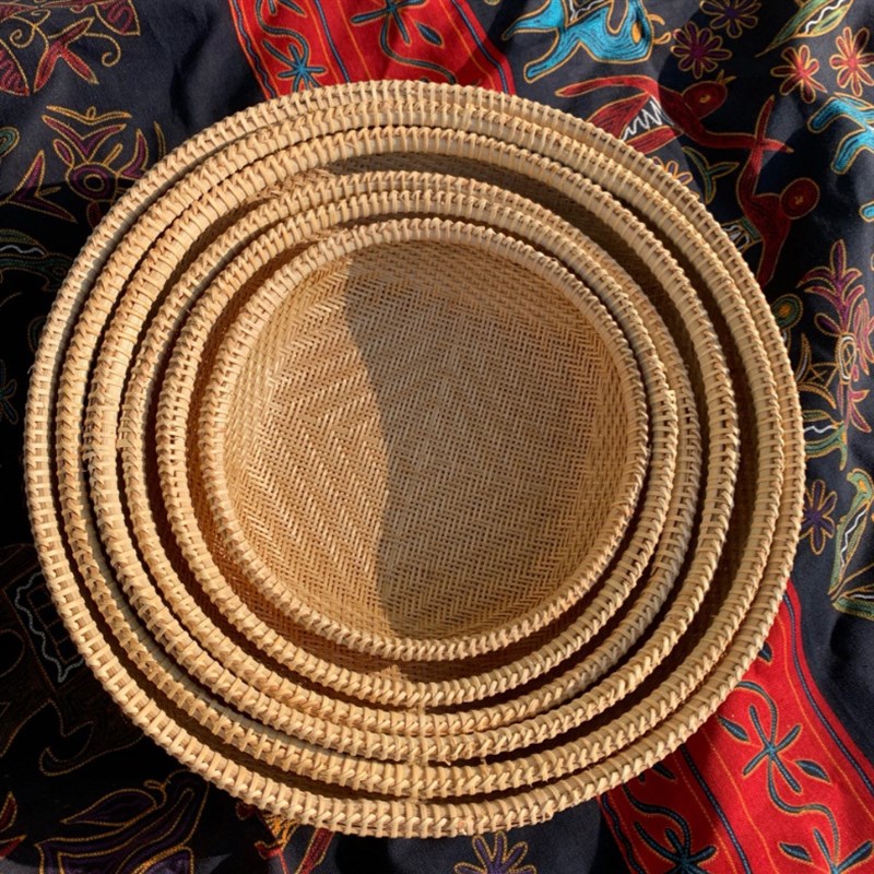 竹编篮水果蔬菜收纳篮子簸箕竹制手工产品 圆形有孔6件套馒头筐